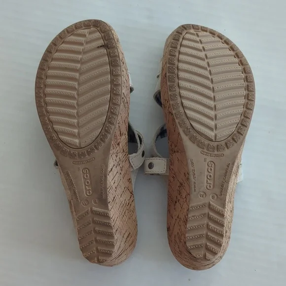 Crocs Open Toe Cork Wedge Strappy Slide Sandal 8 Creamy Beige Tan - Picture 12 of 16